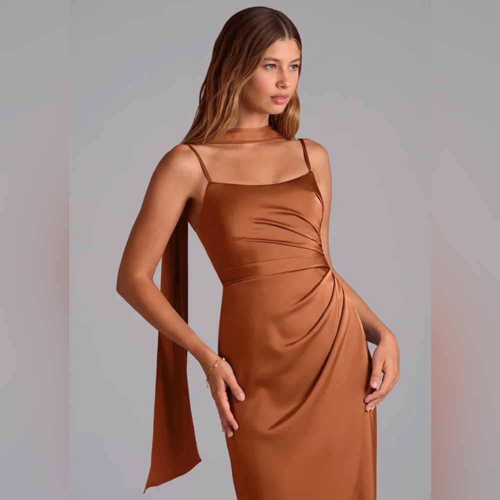 Azazie Calandra Copper A-Line Pleated Stretch Satin Dress - Picture 5 of 7
